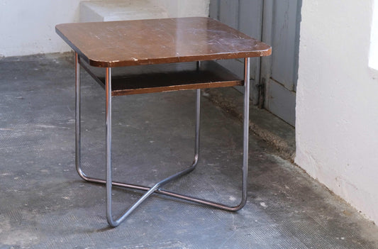 Vintage Freischwinger Stuhl Set von 4 mit Tisch von Vichr für Vichr Chrom silber Holz natur