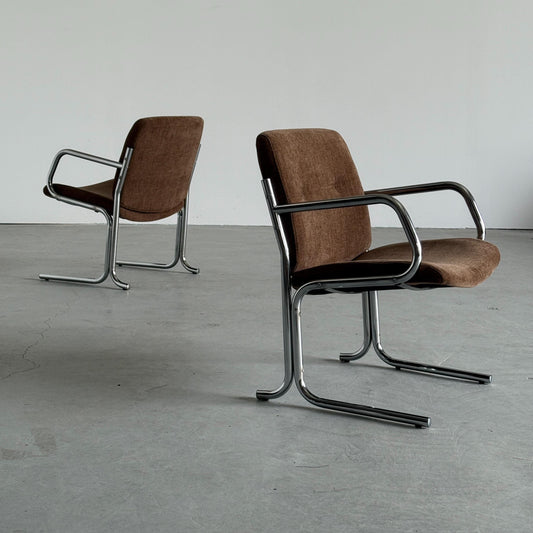 Vintage Freischwinger Armlehnsessel Set von 2 von Bauhaus Design chrom braun