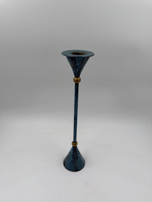 Vintage Kerzenständer Memphis Stil blau marmoriert messingfarbenes Akzent