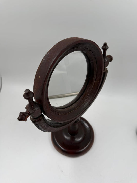 Vintage Kosmetikspiegel drehbar aus Holz, Glas und Kunstleder