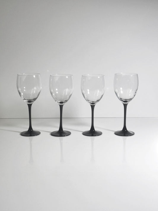 Vintage Weinglas Set von 4 von Luminarc 80er Schwarz Pokal Art Deco Revival