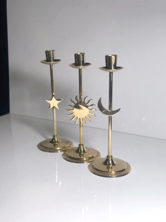 Vintage Kerzenhalter Set von 3 Sonne Mond Stern Messing