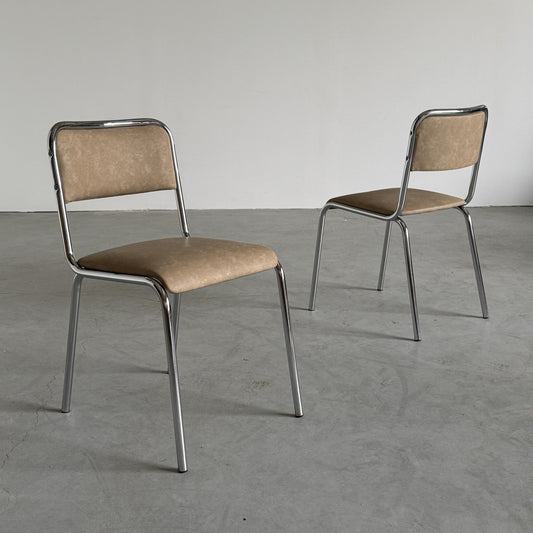 Vintage Stuhl Set von 2 im Bauhaus-Stil, italienisch, Chrom, beige Kunstleder, 1980er