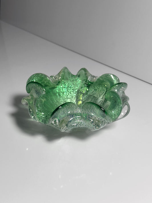 Vintage Murano Glasschale Mintgrün mit Silberdekor, Italien 1960er