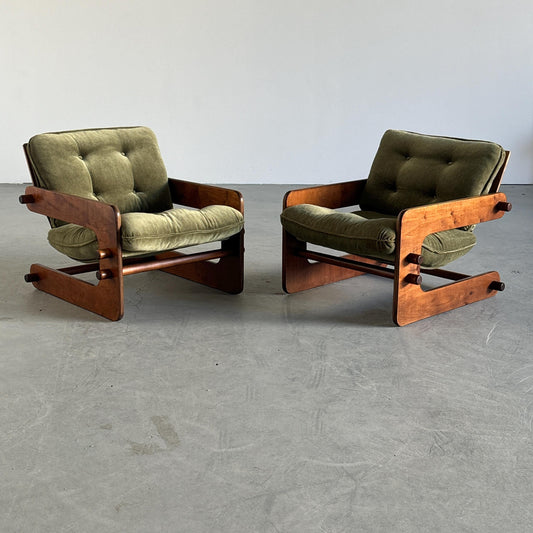 Vintage Set von 2 Freischwinger Lounge Sessel Olivgrün Sperrholz Vintage Zustand