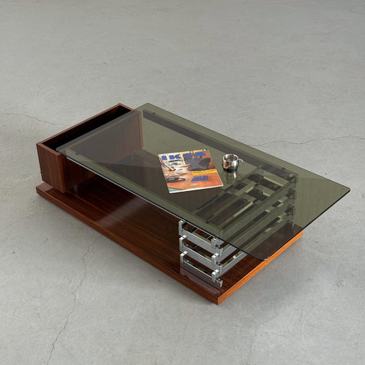 Vintage Couchtisch Rauchglas Chrom Holzfurnier, Italien, 1970er