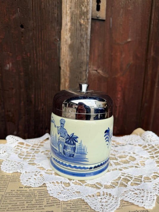 Vintage Servieraccessoire Keramikdose Delft Windmühle Blau Weiß Metall mit Metalldeckel