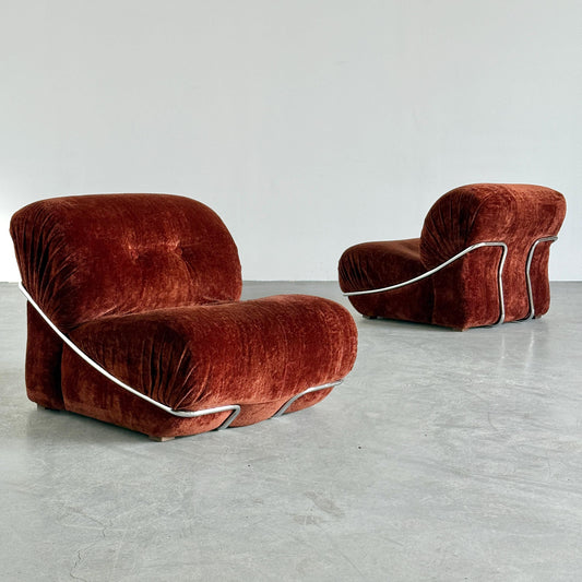 Vintage Set von 2 Lounge Chair italienisch, Rost Samt, Chromrahmen