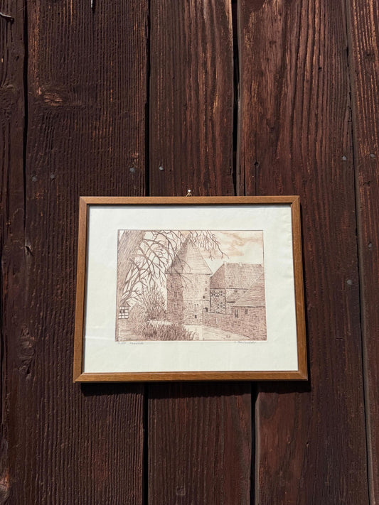Vintage Druck "Haus Kemnade" von E. Baumeister, signiert, Limited Edition 2/50, gerahmt