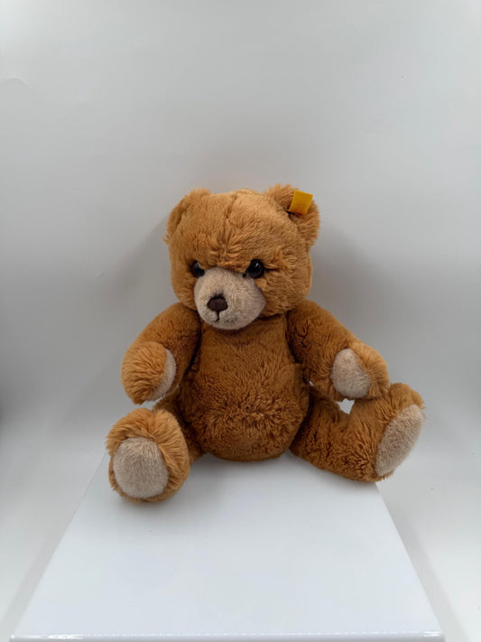 Vintage Steiff Teddybär in Goldbraun mit "Knopf im Ohr" und gelbem Fähnchen