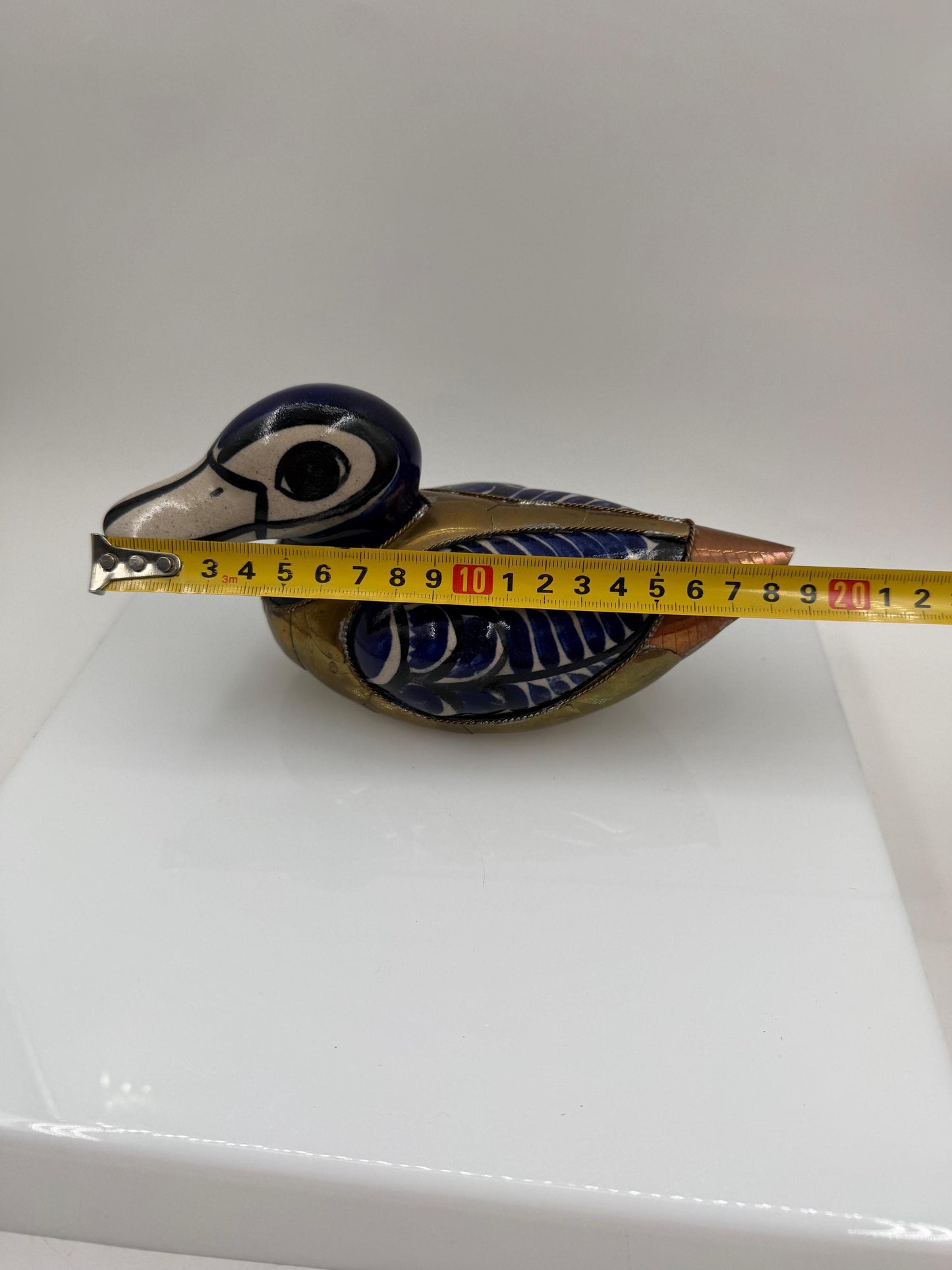 Vintage Tonalá Enten Figur aus Keramik und Messing, handbemalt, mexikanische Volkskunst