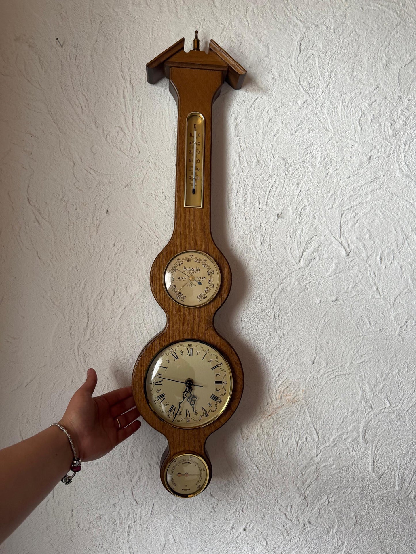 Vintage Barometer Uhr Thermometer Wetterstation aus Eichenholz