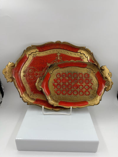 Lot de 2 plateaux vintage florentins rouge or baroque en plastique fabriqués en Italie