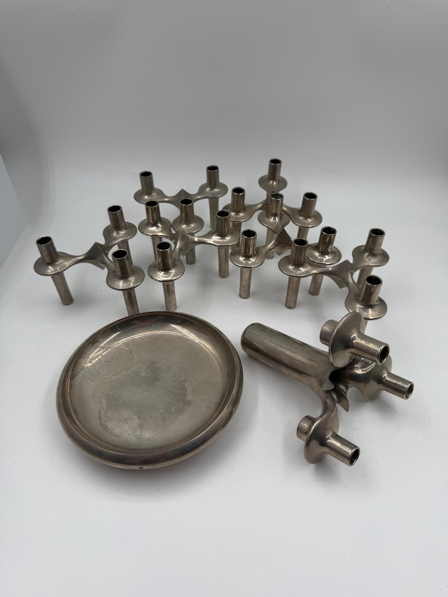 Set von 6 Vintage Kerzenhalter "Stecksystem" von Werner Stoff für Nagel BMF, Chrom