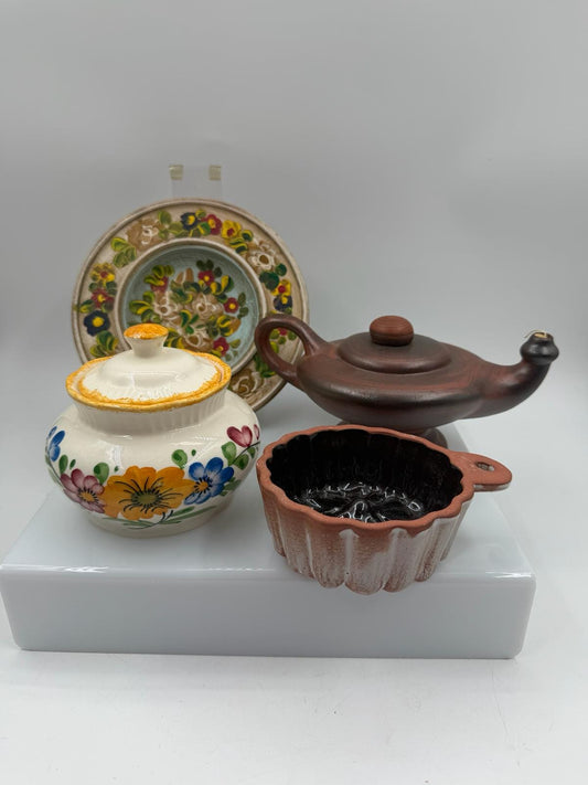 Vintage Keramik Deko Set 4 Teile Landhausstil mit Zuckerdose Öllampe und Gugelhupfform