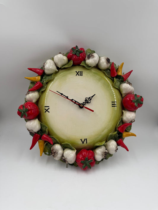 Vintage Keramik Wanduhr mit 3D-Gemüse Majolika Italien