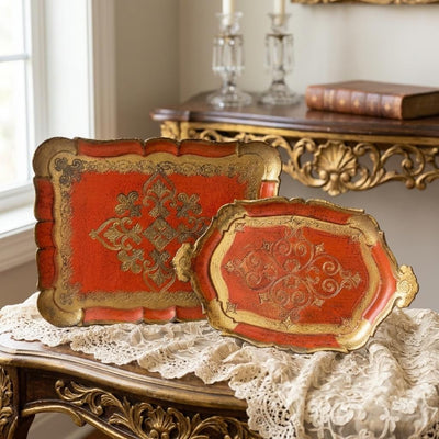 Lot de 2 plateaux vintage Florentin Barock, rouge et or, Italie