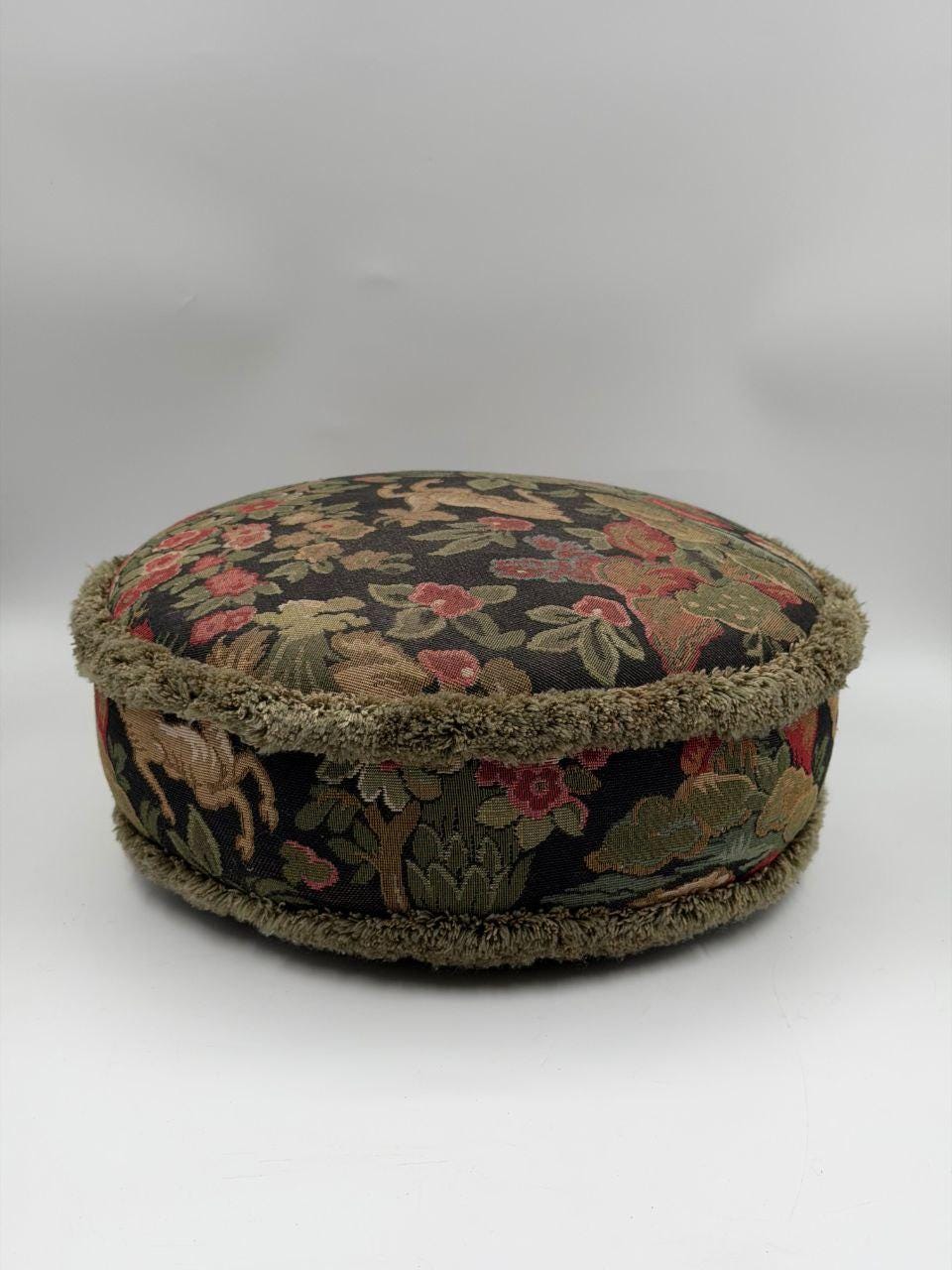 Vintage Fußhocker Gobelin Blumenmuster Rot