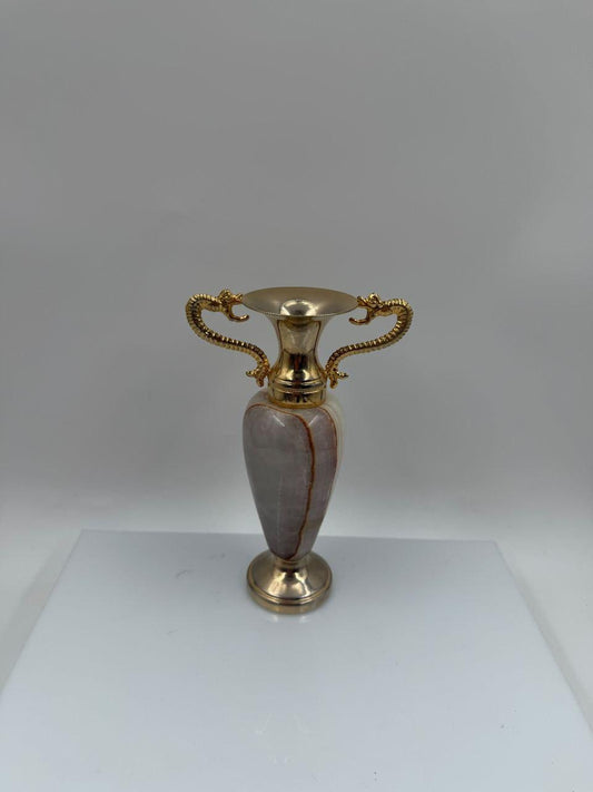 Vintage Vase Amphora Onyx und Messing 16cm mit Drachenhenkeln
