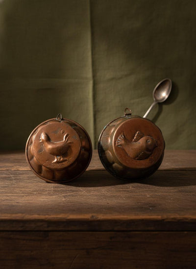 Lot de 2 moules à pudding vintage en cuivre à motif d'oiseaux