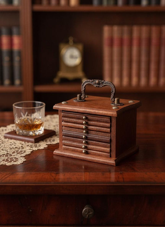 Vintage Untersetzer-Set 8-teilig, Holzbox mit Messinggriff