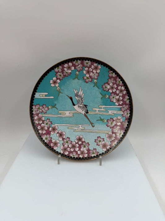 Vintage Cloisonné Wandteller Kranich Kirschblüte Türkis Japan