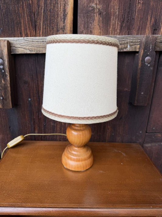 Vintage Tischlampe Holz Creme Stoffschirm Mid-Century