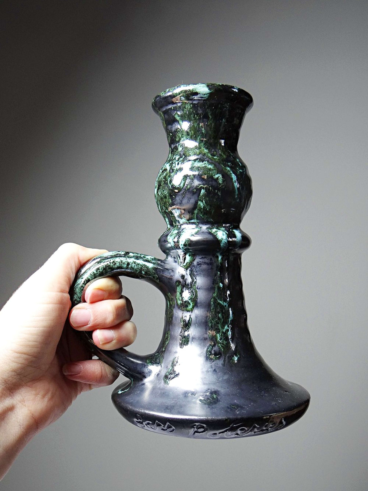 Vintage Keramik Kerzenhalter von Poteries Maine Sars-Poteries, schwarz-türkis