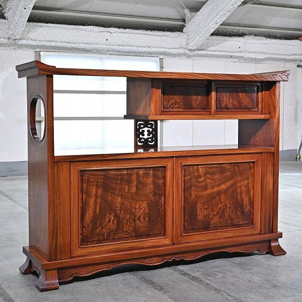 Vintage Sideboard von Matsumoto Mingei aus massivem Keyaki-Holz, kunstvoll geschnitzt