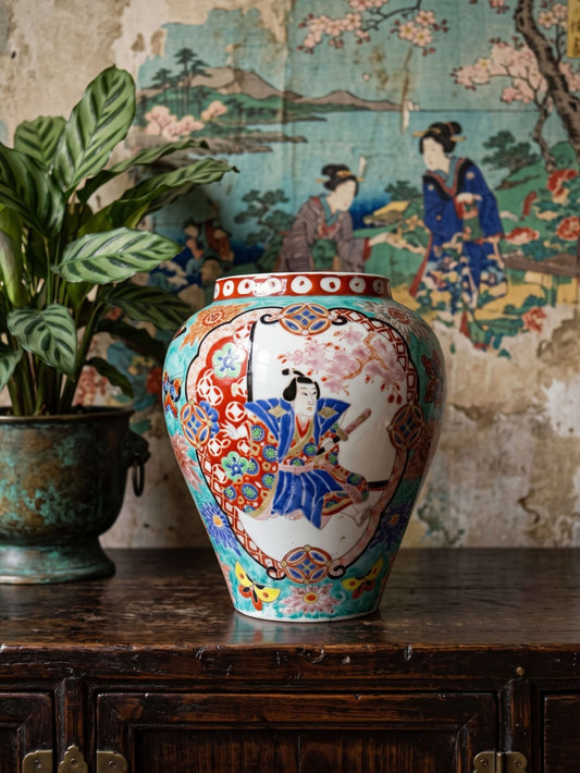 Vintage Vase Porzellan handbemalt, Meiji-Periode, Türkis und Gold