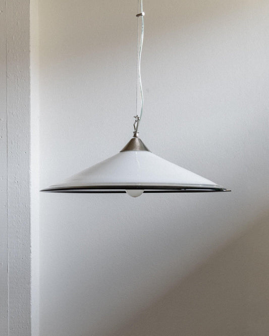 Vintage ceiling light Murano glass white black rim stainless steel Italy 1970s