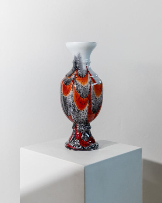 Vase vintage en verre de Murano par Carlo Moretti - orange, blanc et noir - rétro années 70