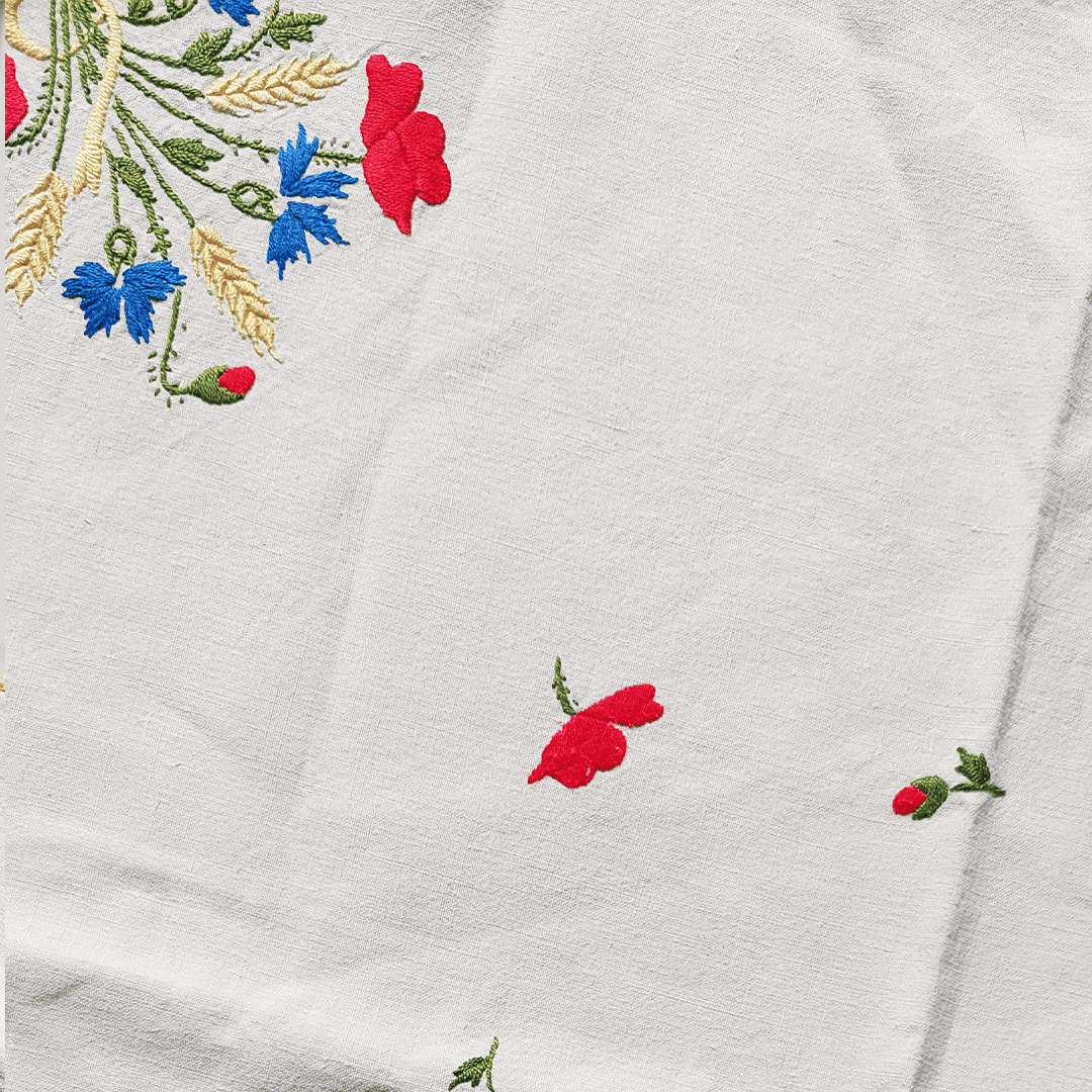 Nappe vintage motif floral coton blanc