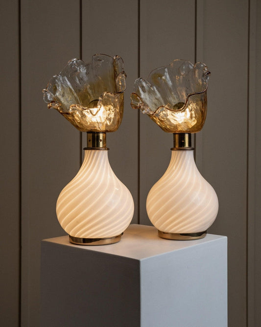 Vintage Murano Glas Tischlampe Blumenform von Italien 1970er Set von 2