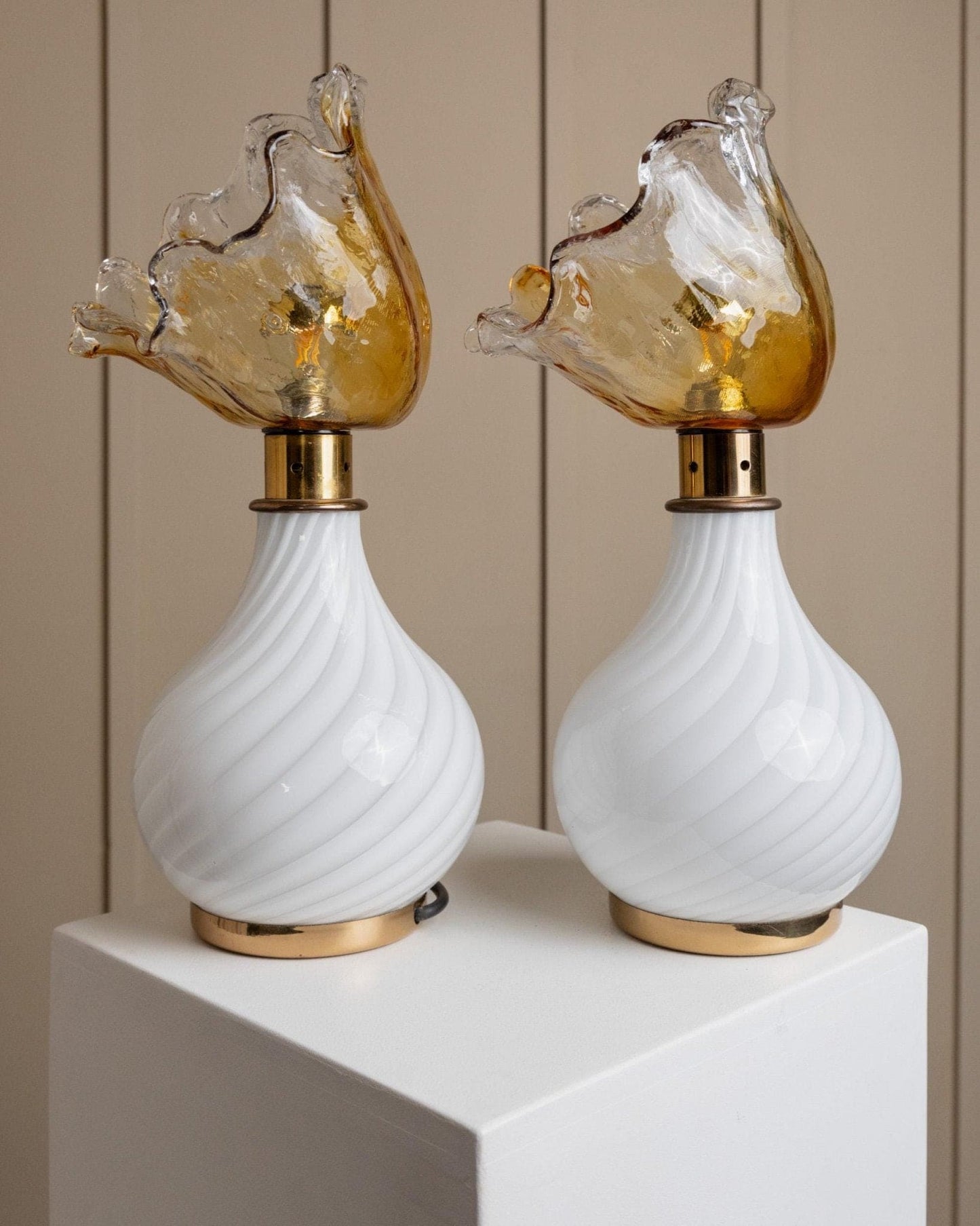 Vintage Murano Glas Tischlampe Blumenform von Italien 1970er Set von 2