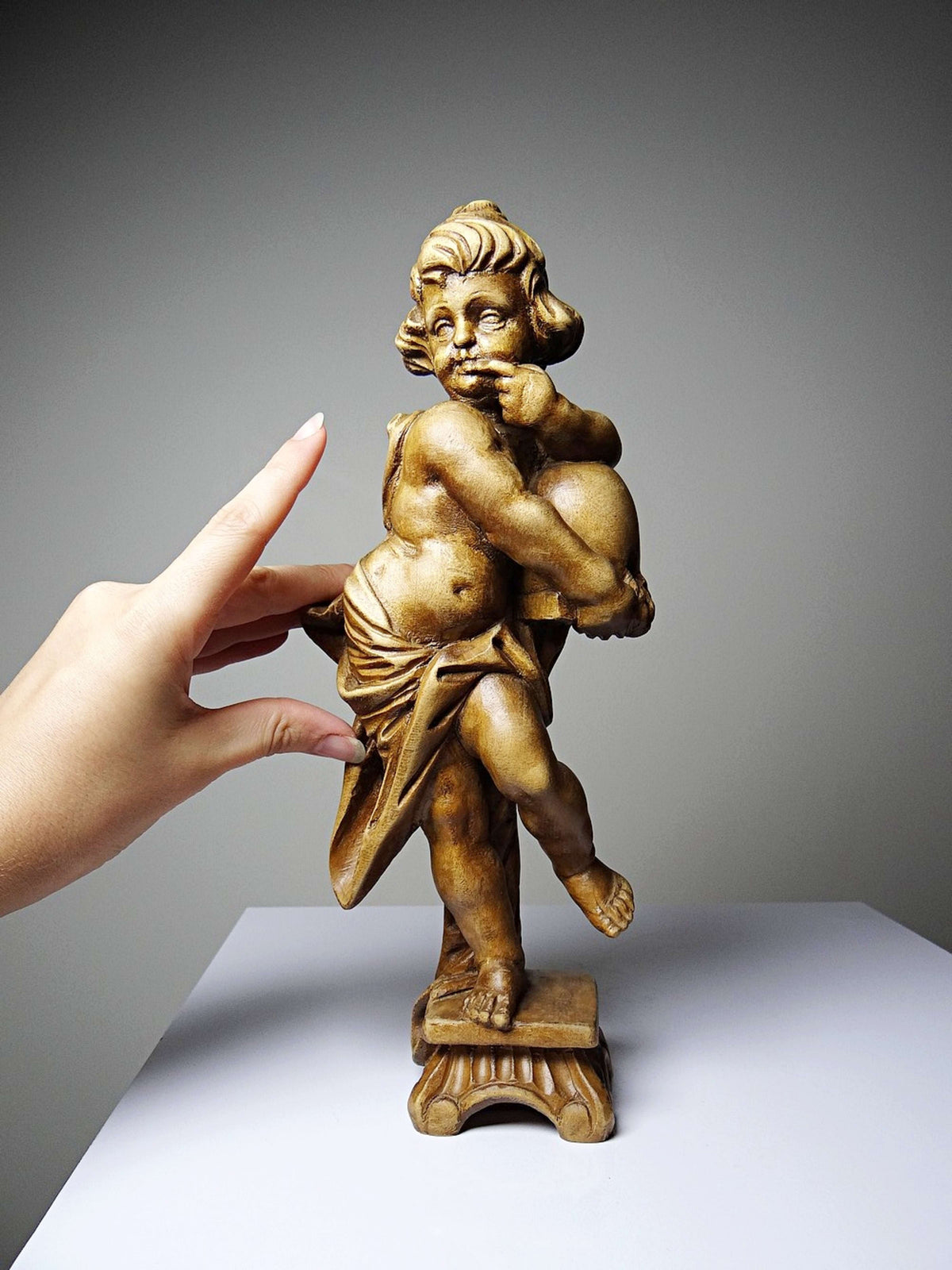 Vintage Skulptur Putto "Honigschlecker" nach Joseph Anton Feuchtmayer, Holz