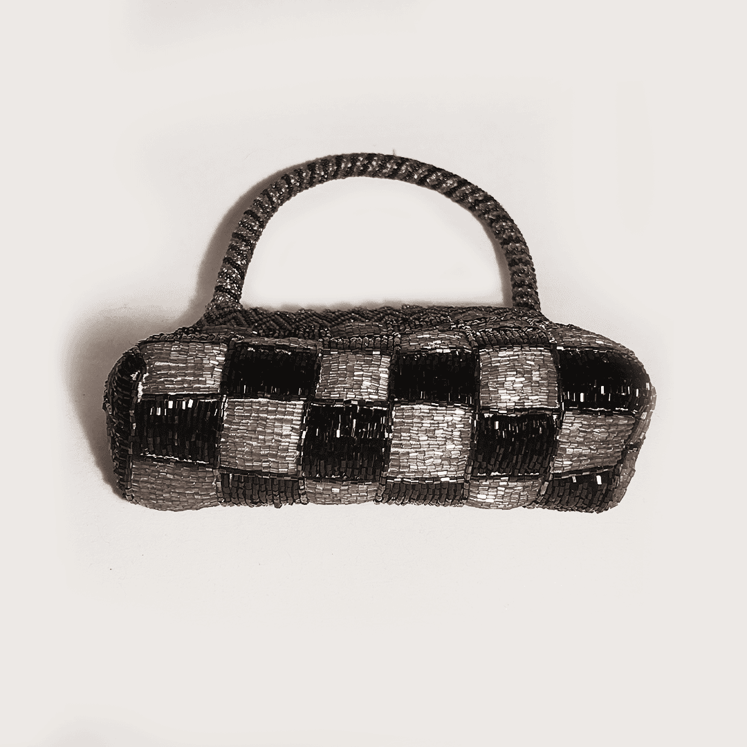 Sac à main vintage en perles Damier argenté et noir