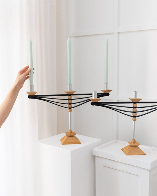 Vintage Kerzenhalter Set von 2 Naturholzton Silber Holz Aluminium Prototypen Made in Italy