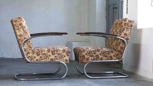 Fauteuil vintage S 411 motif floral par Thonet chrome, tissu