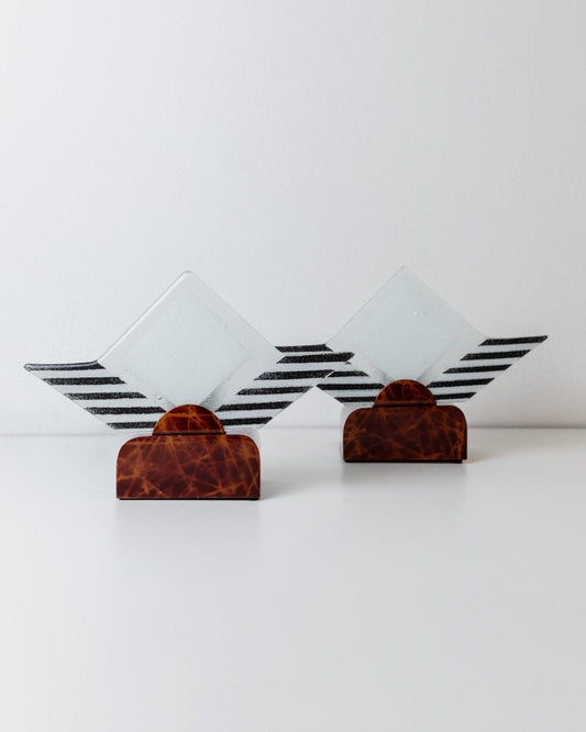 Vintage Murano Glas Tischlampe Skulptural Braun Metallhalter Italien 1980er Set von 2