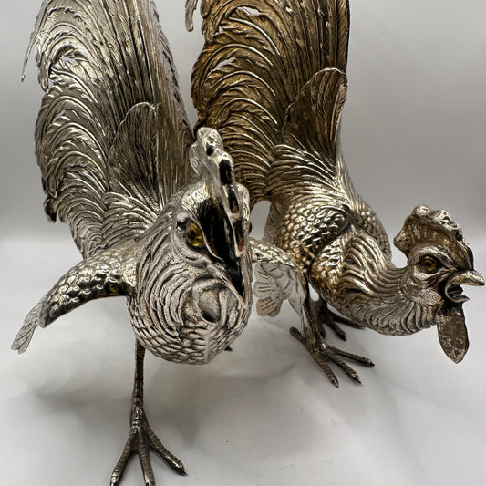 Vintage Silberfigur Set von 2 Hahn und Henne, fein graviert, massiv, dekorativ, Sammlerobjekt