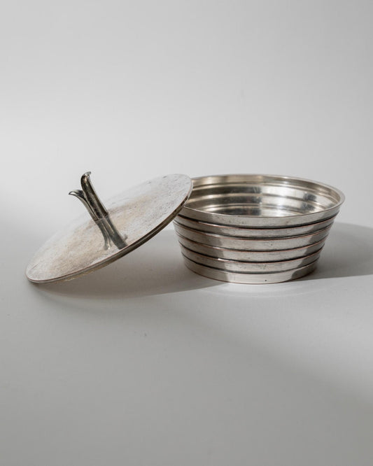 Vintage versilberte Deckelschale mit abstraktem Blattgriff, 1950er