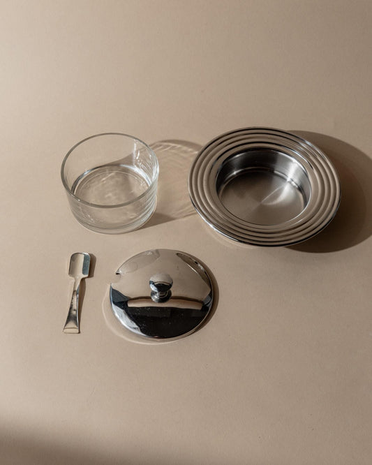 Vintage Deckelglas mit Löffel transparent silberfarben Servieraccessoire