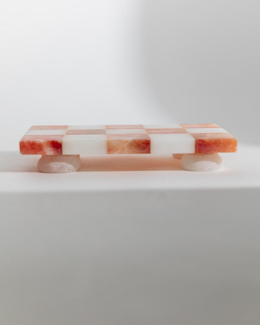 Vintage Tablett aus Marmor mit Füßen, rosa-weiß kariert, Retro, für Kerzen oder Getränke