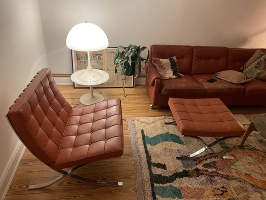 Vintage Set of 2 Barcelona Lounge Chairs with Ottoman by Ludwig Mies van der Rohe for Knoll International