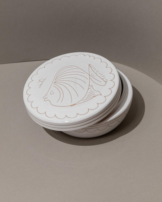 Bol vintage en céramique avec couvercle, sculpté à la main, motif nautique, Italie années 1970