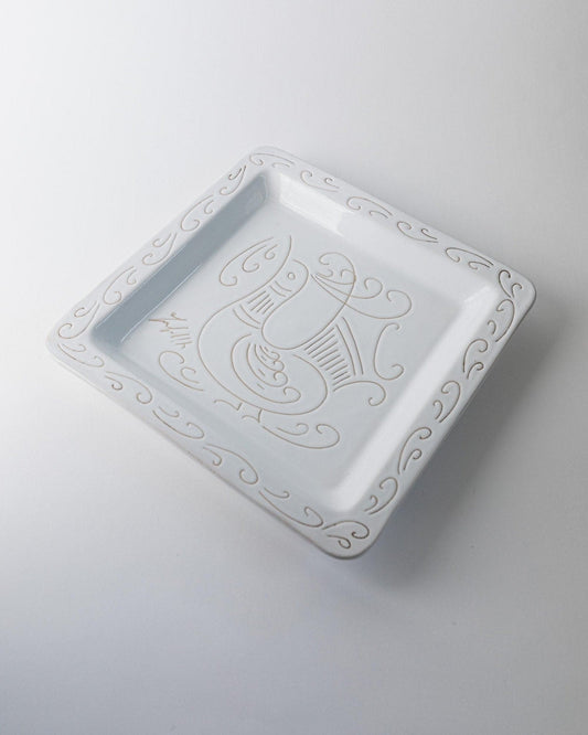 Vintage ceramic plate white ceramic rooster motif Jaques Innocenti style 1960s