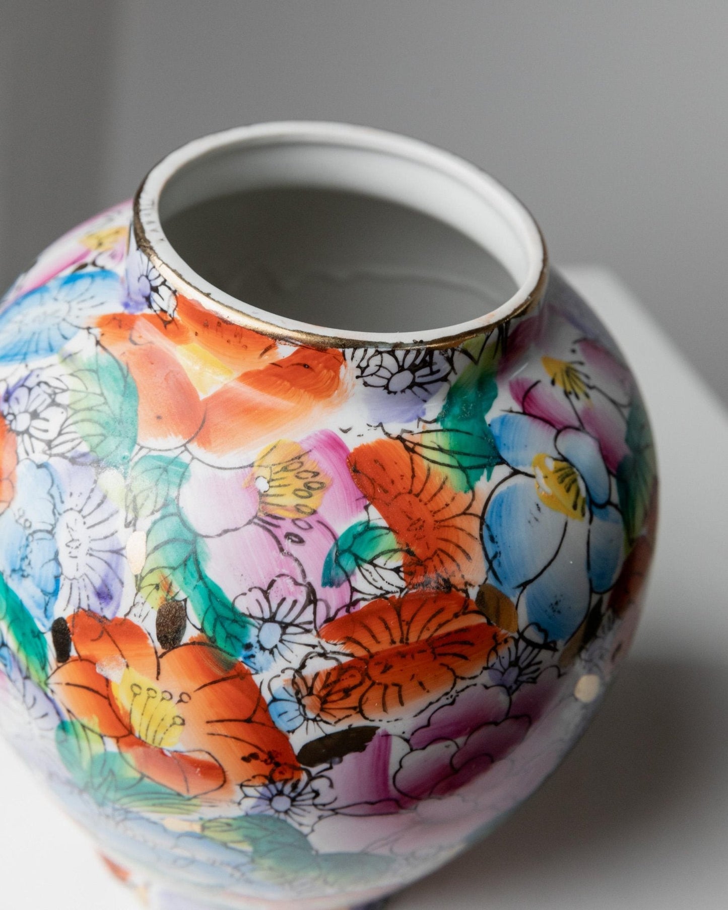 Vintage Chinese Porcelain Vase - Colorful Hand-Painted Flowers, Golden Details - 70s