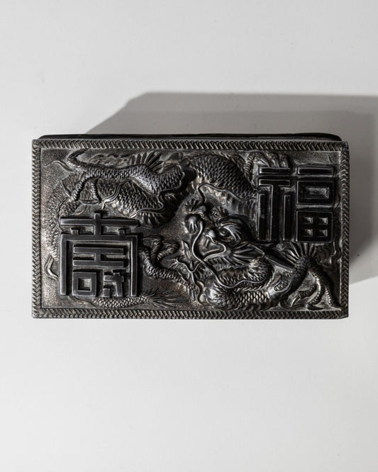 Vintage Dose mit Drachenmotiv, Silber und Holzintarsien, Japan