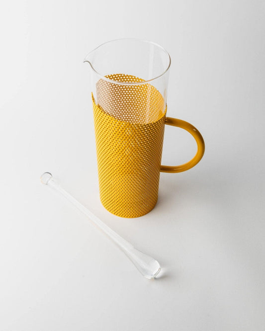 Vintage glass jug with yellow metal handle and glass pestle by De Agostini Memphis style 80s